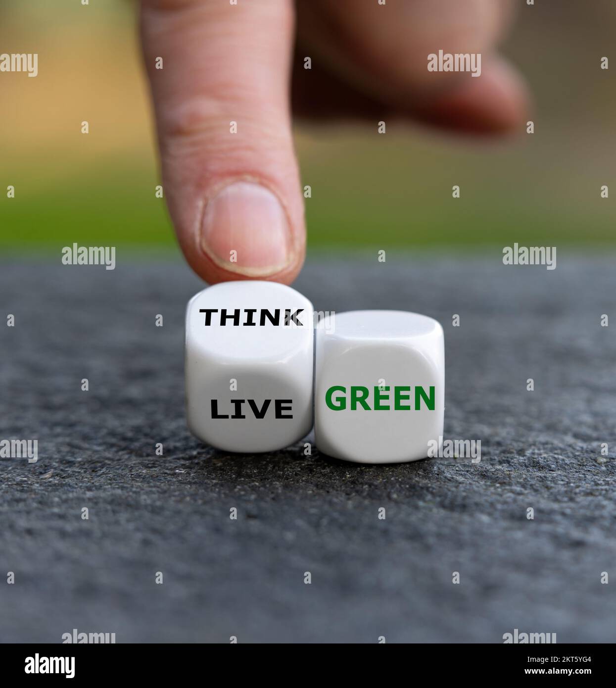 Würfeln Sie den Ausdruck „Grün denken“ und „Grün leben“. Stockfoto