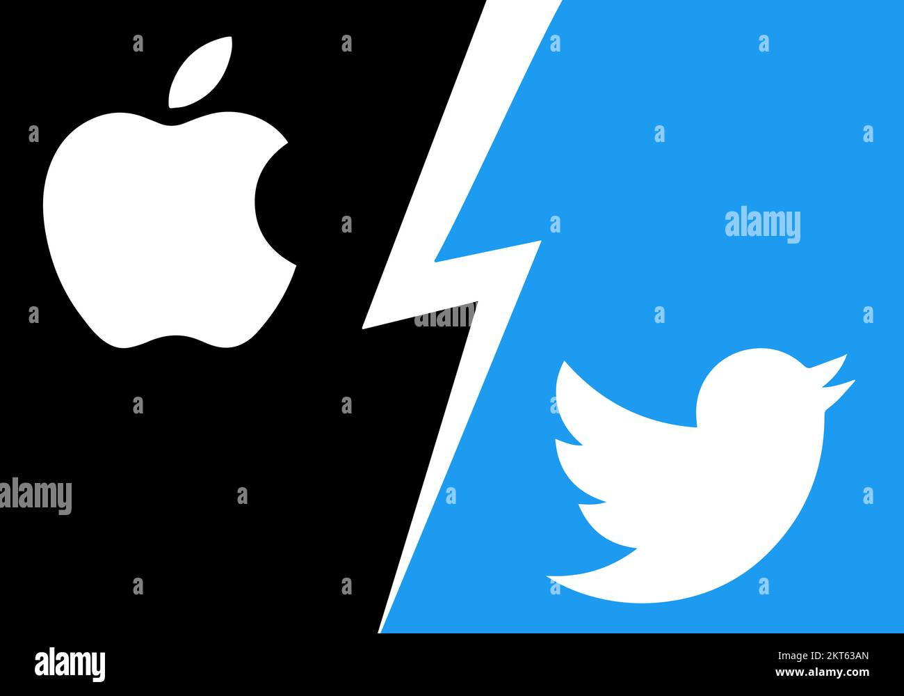 Kiew, Ukraine - 29. Nov. 2022 Konzeptbanner von Apple gegen Twitter über den Bruch der Beziehungen zwischen Unternehmen. Entfernen Sie das soziale Netzwerk aus Stock Vektor