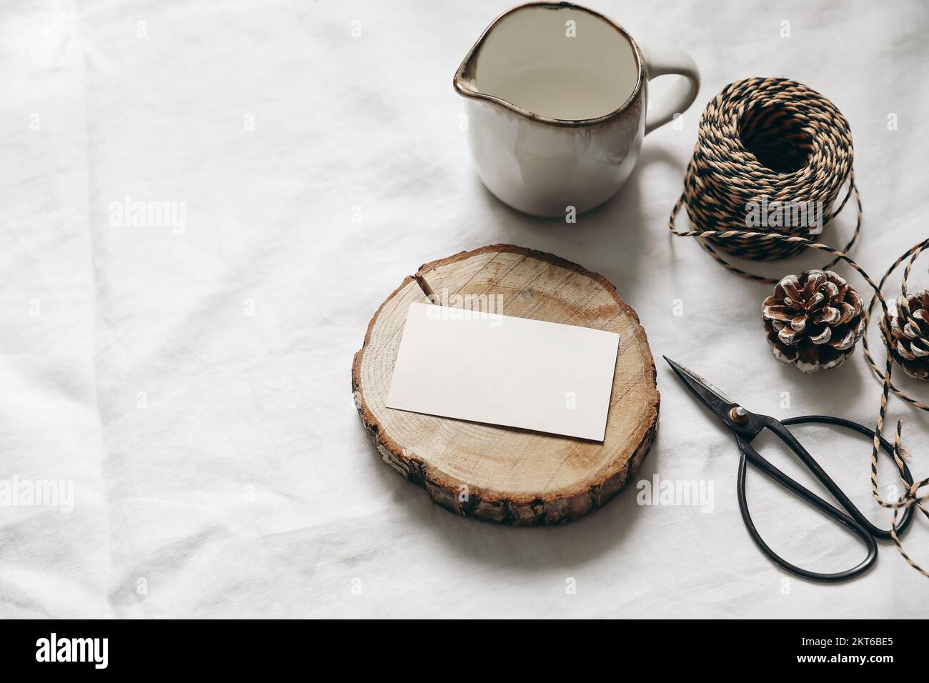 Tischdecken an Weihnachten. Winterfrühstück. Leere Visitenkarten auf Holzbrettern. Milchkrug, Seil, Kiefernzapfen und klassisches Schwarz Stockfoto