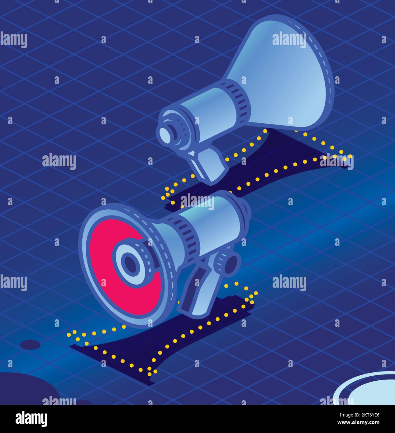 Megafon- oder Hornlautsprecher-Symbole. Isometrisches Konzept. Vektordarstellung. Objekte für Infografiken auf blauem Hintergrund. Zwei Megafone. Stock Vektor