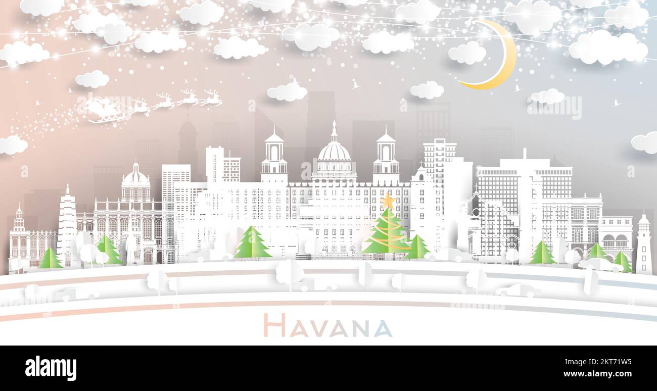 Havanna Kuba. Die Skyline von Winter City im Papierschnitt-Stil mit Schneeflocken, Mond und Neon Garland. Weihnachtskonzept und Neujahrskonzept. Der Weihnachtsmann auf dem Schlitten. Stock Vektor