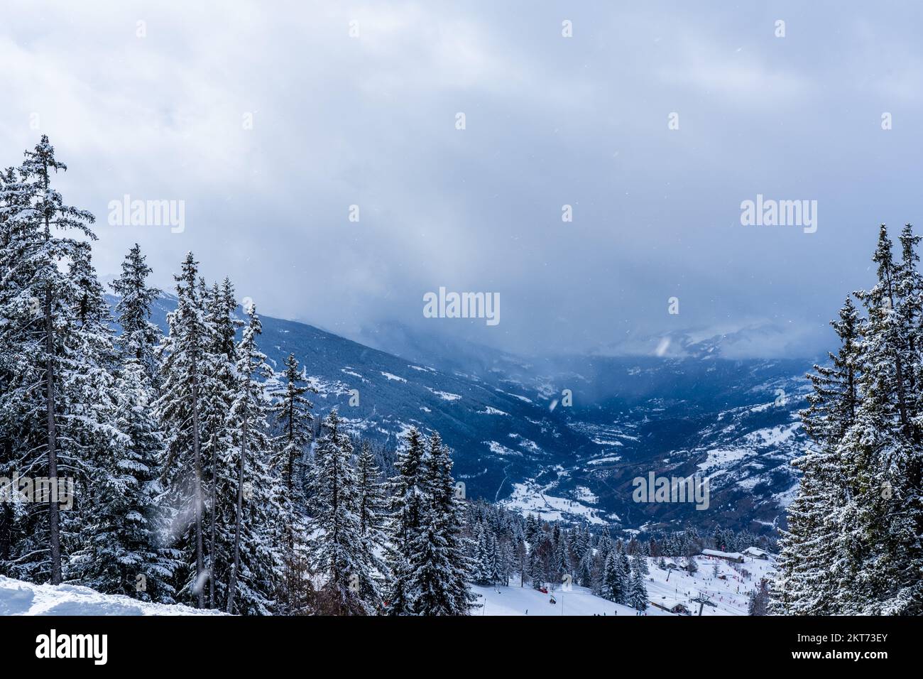 Blick aus der Ferne zum Skigebiet. Bergtal mit Fichten, wolkiger Himmel. Wunderschöner Panoramablick vom Gipfel des Berges in den französischen alpen. Hochwertiges Foto Stockfoto