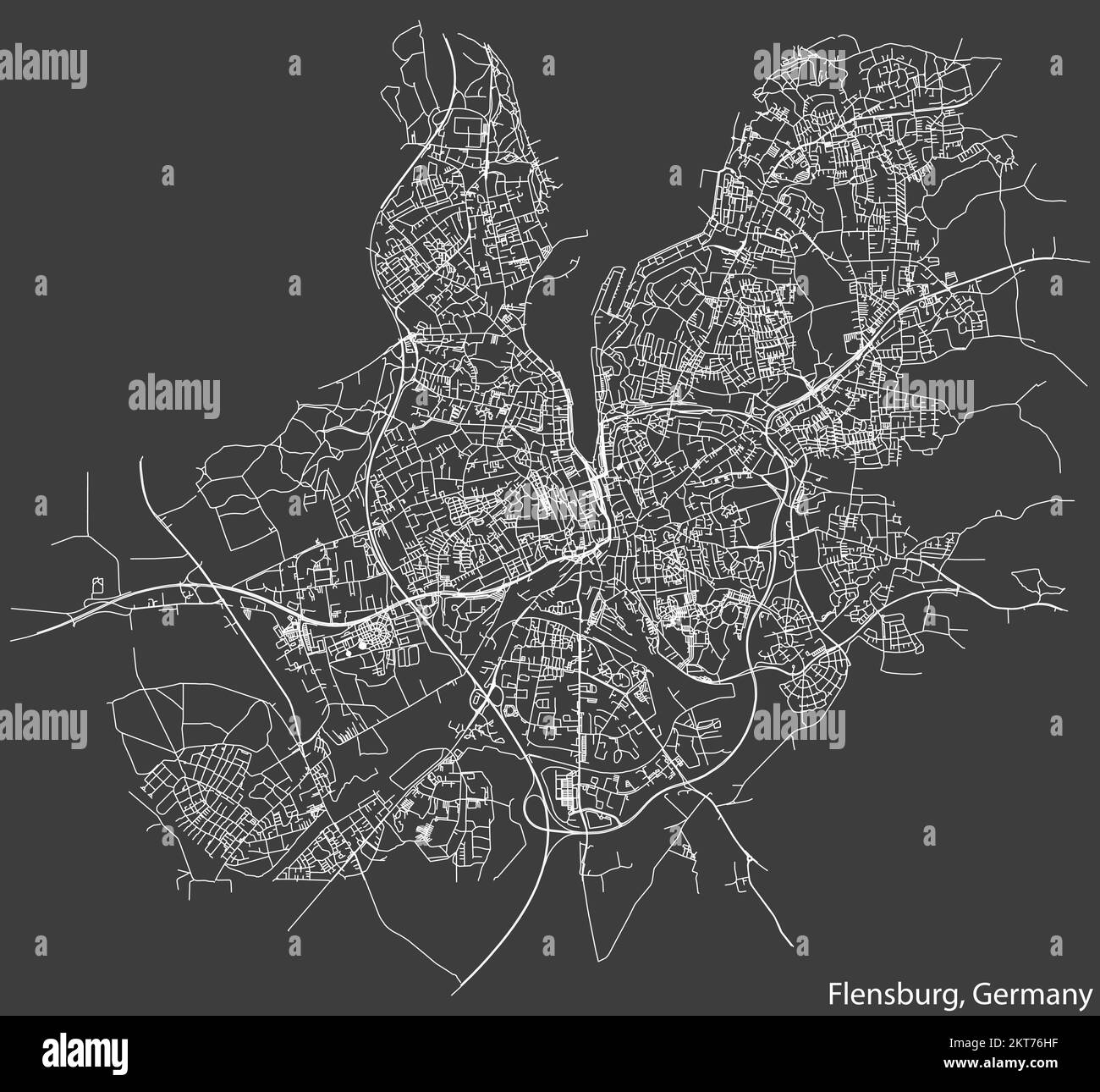Detaillierte negative Navigation weiße Linien Stadtstraßenkarte der deutschen Stadt FLENSBURG auf dunkelgrauem Hintergrund Stock Vektor