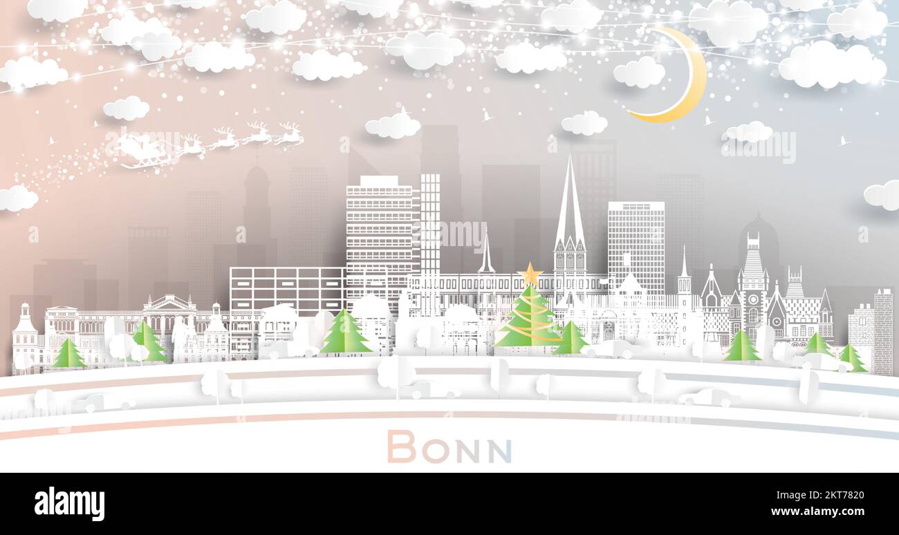 Die Skyline von Bonn Deutschland im Papierschnitt mit Schneeflocken, Mond und Neon Garland. Vektordarstellung. Weihnachtskonzept und Neujahrskonzept. Der Weihnachtsmann Stock Vektor