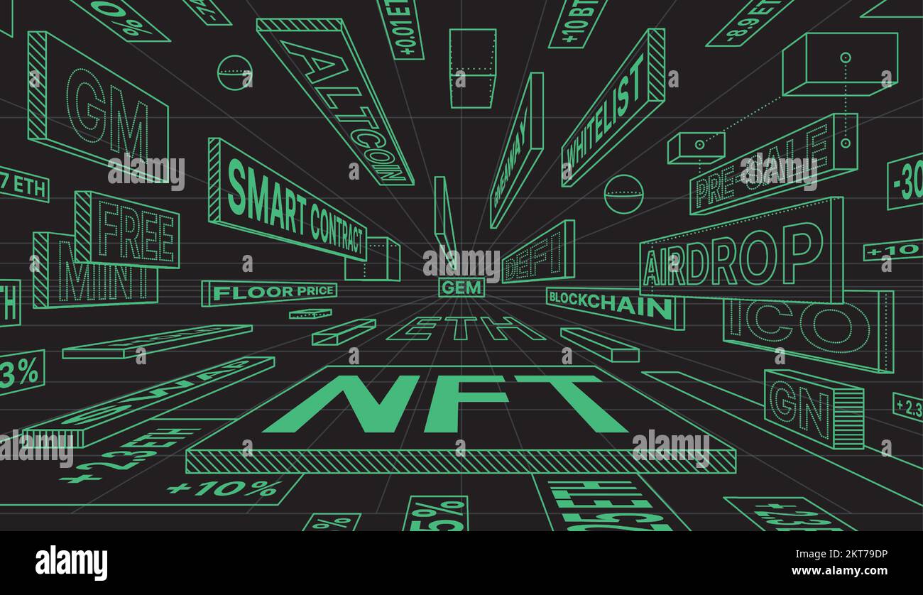 Banner für NFT Industry. Ein-Punkt-Perspektive-Konzept mit Bedingungen von web3. Nicht fungible Token und Blockchain-Technologie. Kryptowährung. Stock Vektor
