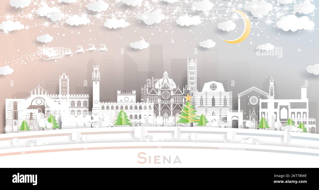 Siena Tuscany Italy City Skyline in Paper Cut Style mit Schneeflocken, Mond und Neon Garland. Vektordarstellung. Weihnachtskonzept und Neujahrskonzept. Stock Vektor