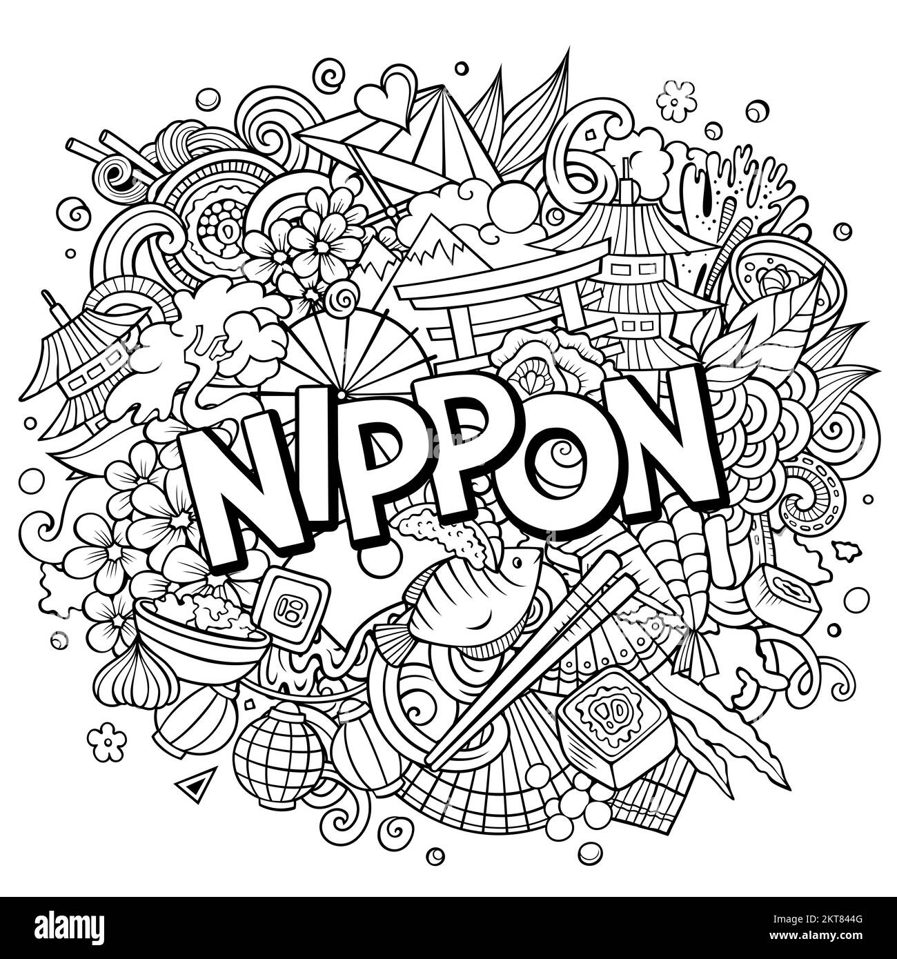 Japan Nippon handgezeichnete Zeichentrickfilme Illustration. Lustiges Reisedesign. Stock Vektor