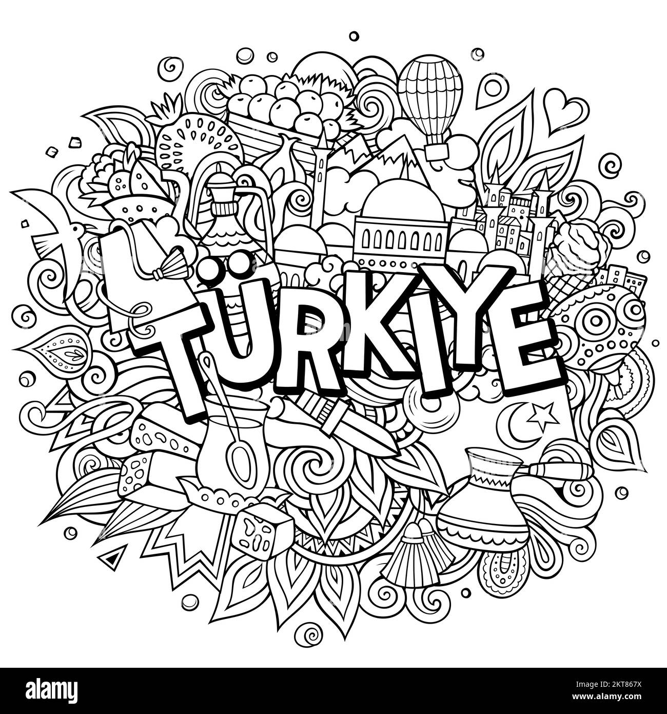 Türkei handgezeichnete Cartoon Kritzeleien Illustration. Witziges Reisedesign. Stock Vektor