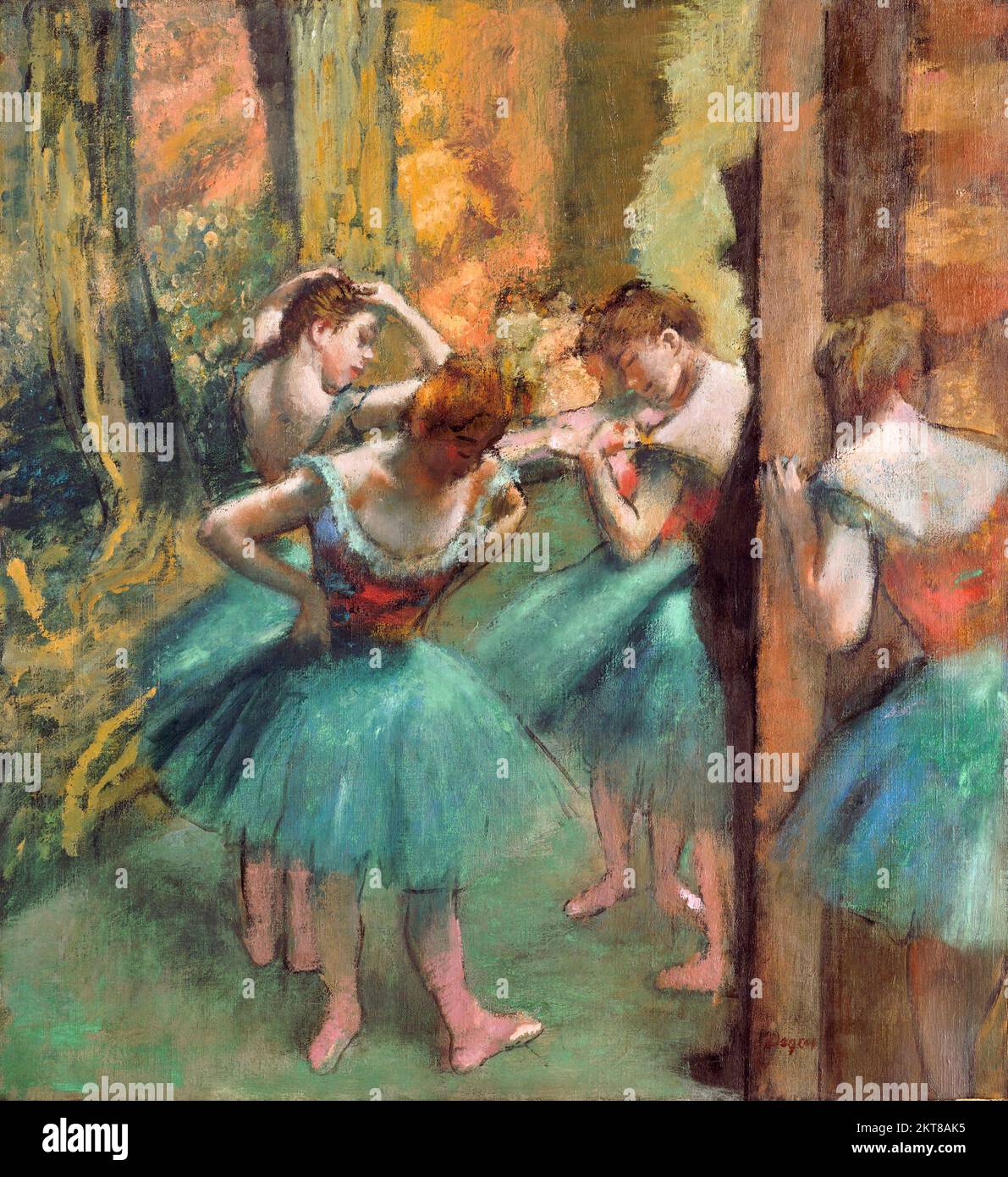 Entgasen. Gemälde mit dem Titel „Tänzer, Pink and Green“ von Edgar Degas (1834-1917), Öl auf Leinwand, c. 1890 Stockfoto
