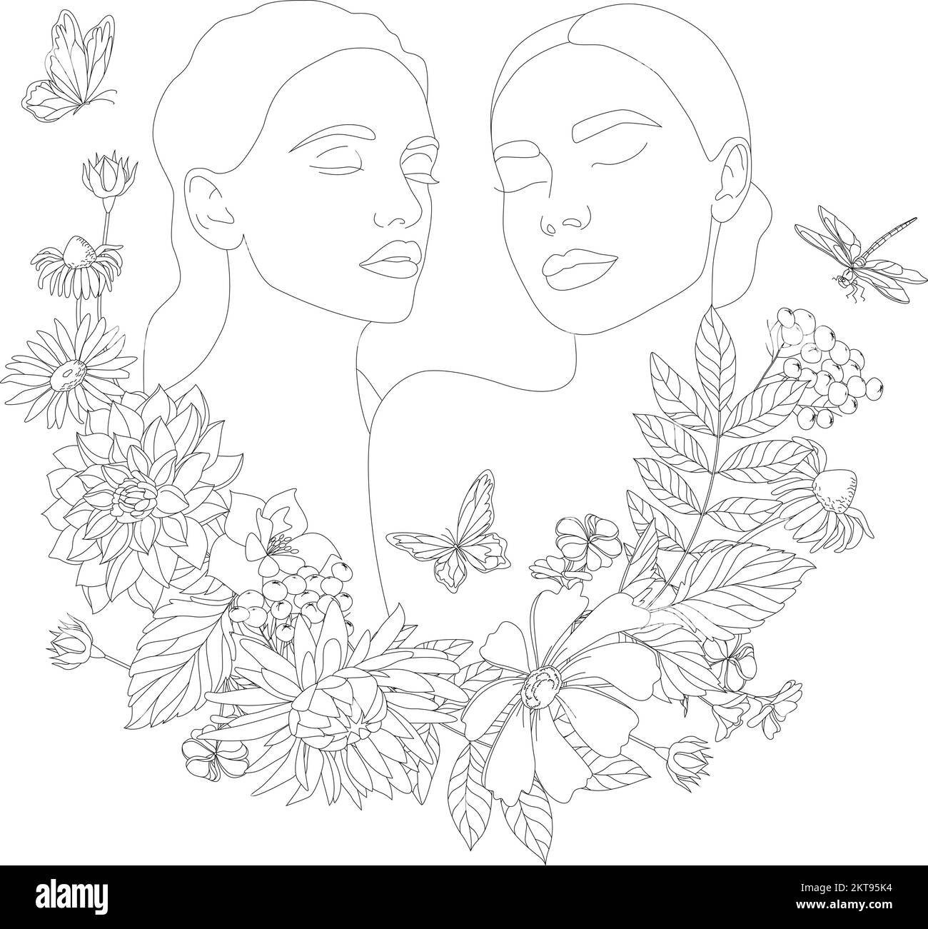 Zwei weibliche Gesichter im Stil einer Strichkunst mit Blumen und Blättern. Stock Vektor