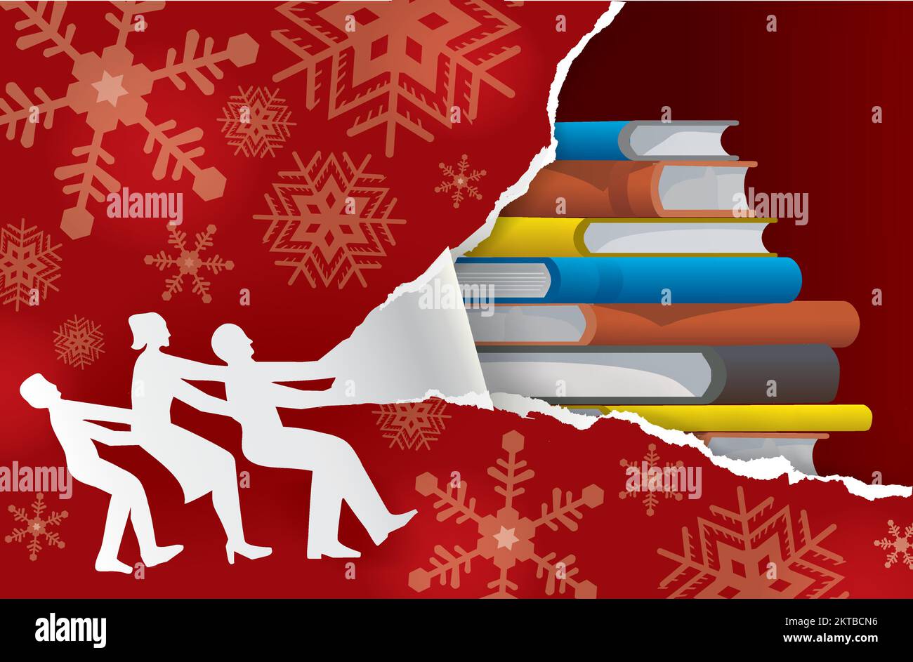 Familie reißt Weihnachten Geschenkpapier, entdeckt Bücher. Silhouette aus Papier und rotes, zerrissenes weihnachtspapier, Buch als weihnachtsgeschenk. Stock Vektor