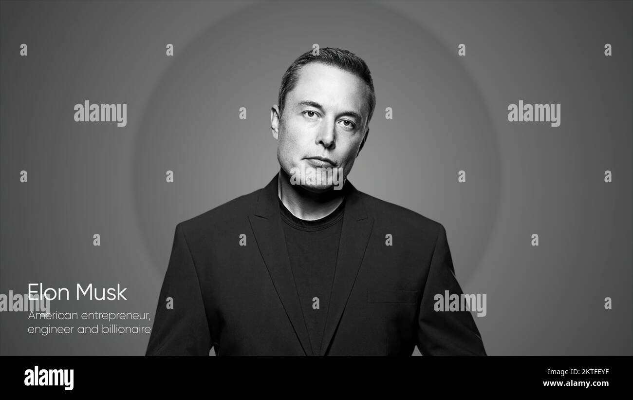Elon Musk. Bewegung. Video-Intro mit Elon Musk für die Werbefirma. Stilvolle Animation mit Bild eines Geschäftsmanns und Berühmtheiten. Stockfoto