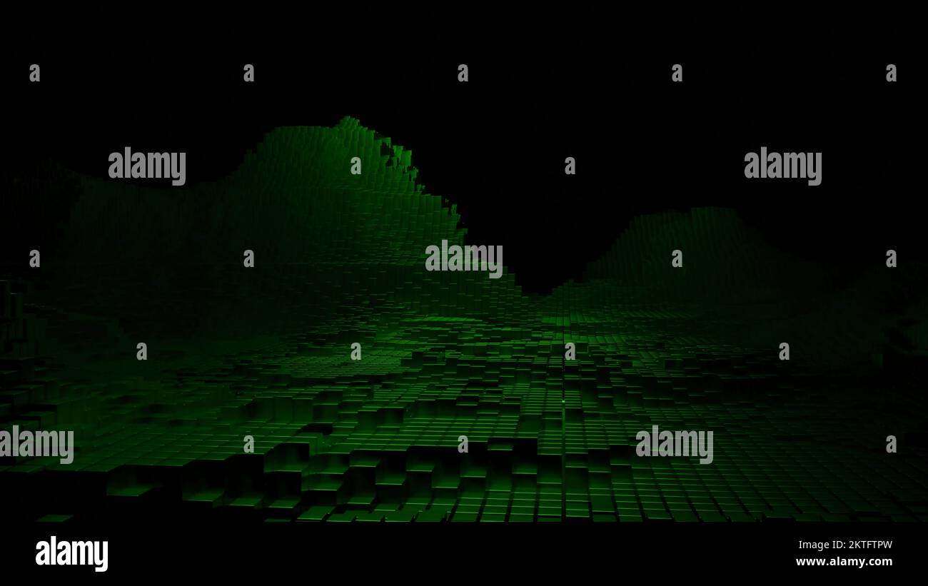 3D Berge von Pixeln. Design. Bewegung im 3D-Relief mit Bergen von quadratischen Pixeln. 3D-Modell des Cyber-Relief im Bergtal. Stockfoto