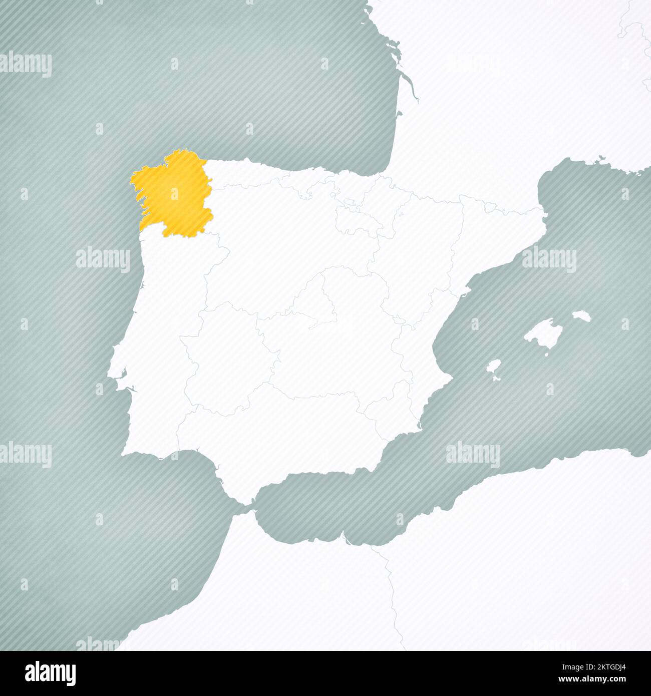 Galicien auf der Karte der Iberischen Halbinsel mit sanft gestreiftem Vintage-Hintergrund. Stockfoto