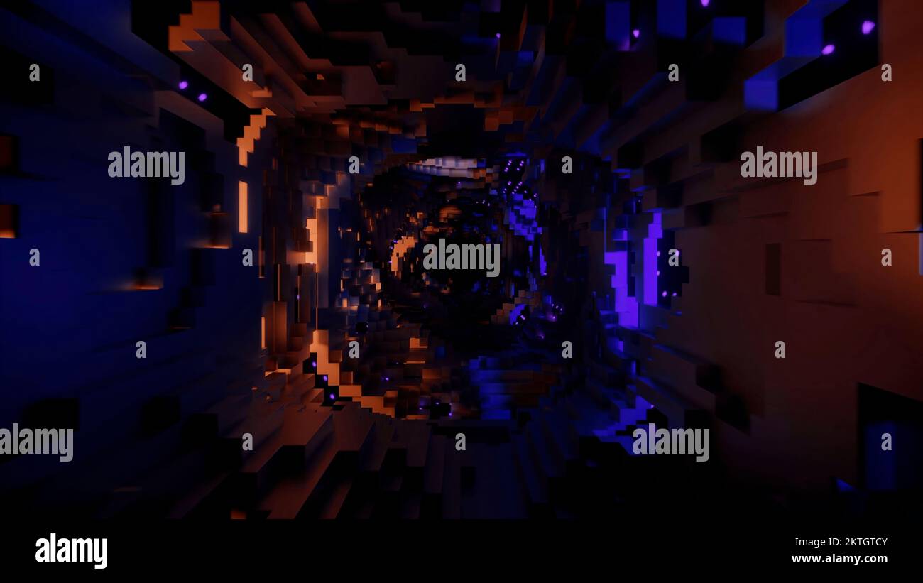 Ein Tunnel mit Lichtern und Glitzern. Design. Ein Lichttunnel mit Fenstern, in dem verschiedene Glitzer in der Bewegungssimulation fliegen, die sich nach innen bewegt. Hohe Qualität Stockfoto