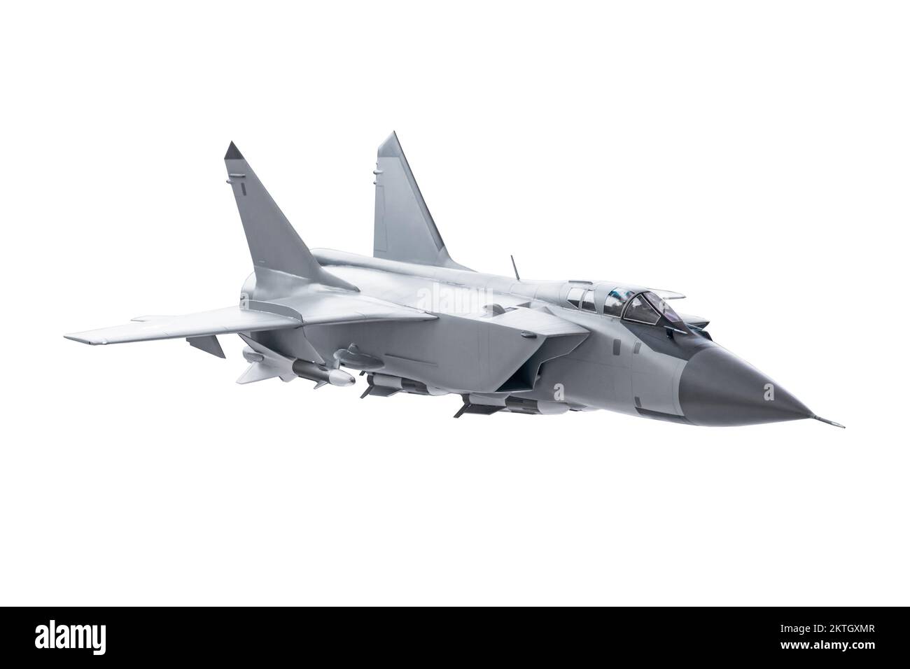 Kampfflugzeug mit Waffe isoliert auf weißem Hintergrund Stockfoto