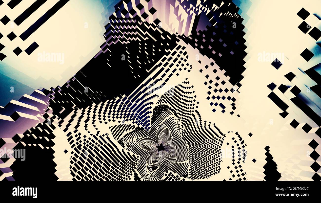 Geometrischer Tunnel mit quadratischem psychedelischem Muster. Design. Rotierender Tunnel mit quadratischen Wänden und Wellen. Wellige quadratische Wände eines rotierenden Tunnels. Stockfoto