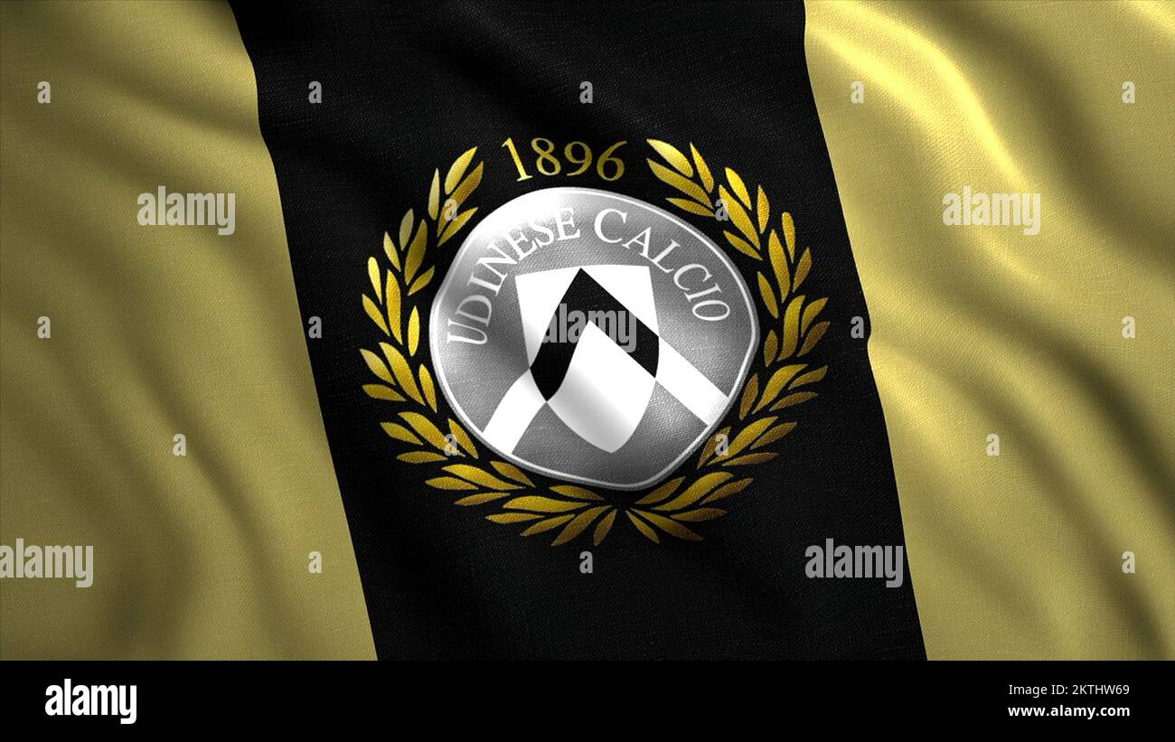 Udinese Calcio, professioneller italienischer Fußballverein, wackelnde Flagge. Bewegung. Abstraktes Fußballclub-Logo. Nur zur redaktionellen Verwendung Stockfoto