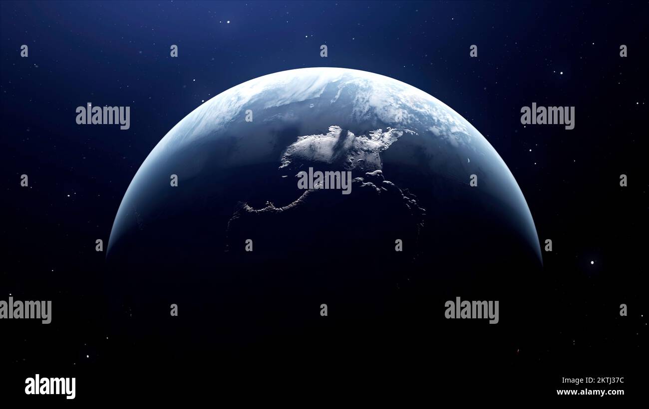 Blaue Hintergrundbeleuchtung mit Blick auf den Boden. Bewegung.Abstraktion auf der Kruste können Sie eine Ansicht des Kosmos und des Planeten Erde sehen, der sich dreht Stockfoto