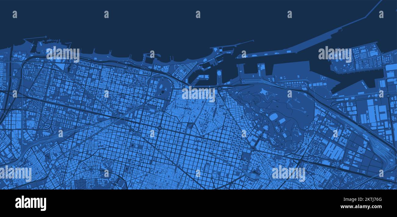 Detailliertes blaues Vektorkartenposter der Stadtverwaltung von Barcelona. Skyline Panorama. Dekorative grafische Touristenkarte von Barcelona. Royalt Stock Vektor