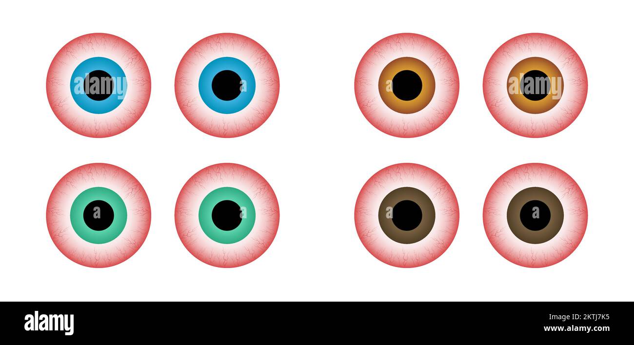 Rote Augen, verschiedene Farben eingestellt. Krankheitsstress, Schlafstörungen, Kapillaren und Pupillen. Stock Vektor