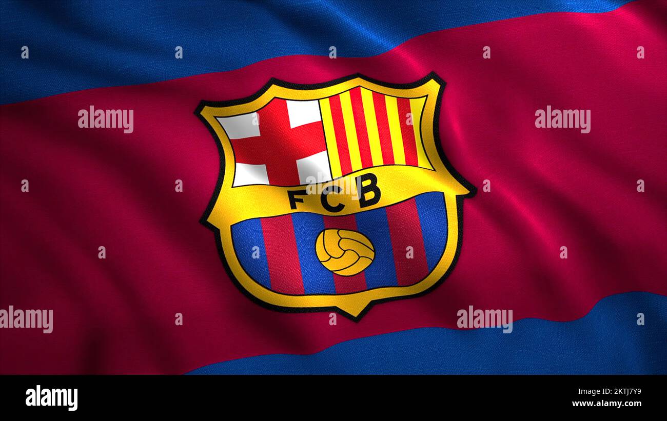 Das Symbol des Barcelona Teams. Motion.das Emblem des beliebtesten Fußballvereins in Spanien ist ein berühmter Slogan mehr als ein Fußballverein. Hohe Qual Stockfoto
