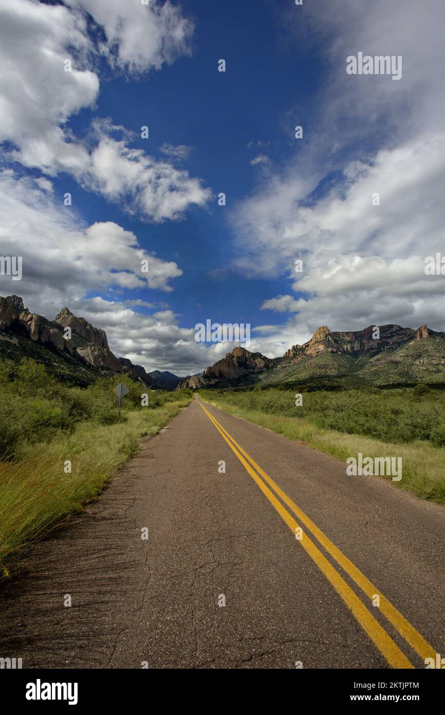 Ländliche Straße in die wunderschönen, abgelegenen und wilden Chiricahua Mountains im Süden Arizonas in vertikaler Landschaft mit Kopierbereich Stockfoto