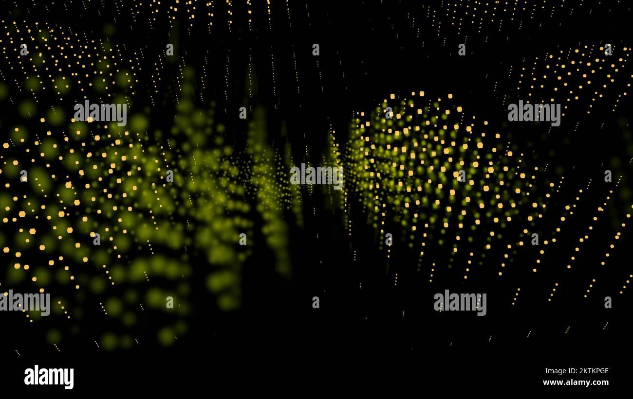 Teilchenfeld im wissenschaftlichen digitalen Raum. Design. Wolken fliegender, winziger Punkte auf schwarzem Hintergrund Stockfoto