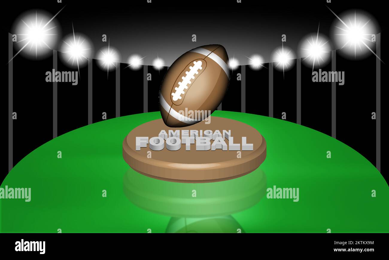 American Football League Illustration. Mit weißen Linien und beleuchteter Seitenansicht auf dem Spielfeld bei Nacht, Sports Building Stadium, 3D-Texteffekt und Podium, Stock Vektor