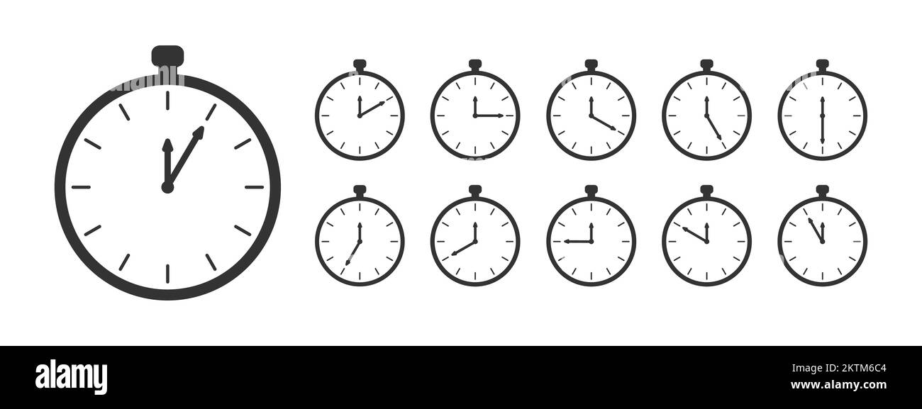 Chronometer-Symbole. Countdown-Timer oder Stoppuhrsymbole eingestellt. Uhren mit unterschiedlichen Minutenintervallen. Infografik für Kochunterricht oder Sportspiel. Grafische Vektordarstellung Stock Vektor