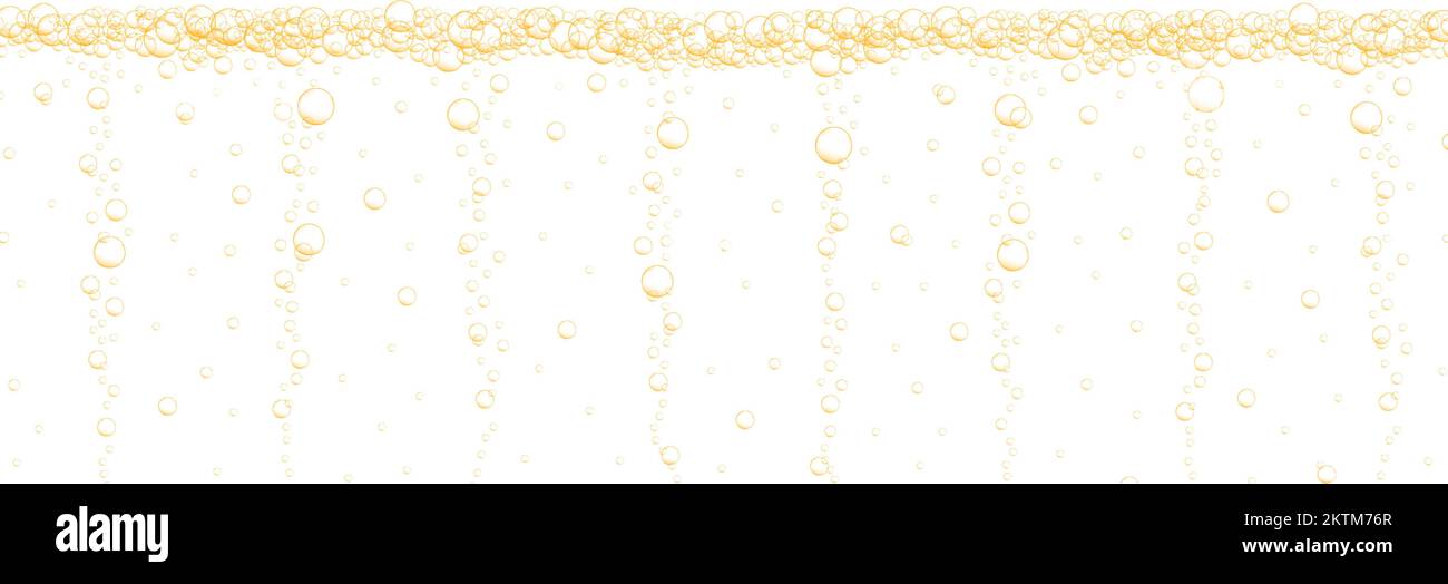 Hintergrund des Goldenen Bubbles-Streams. Kohlensäurehaltige Wasseroberfläche. Kohlensaft, Bier, Limonade, Prosecco, seltzer, Champagner-Konsistenz. Vektor-realistische Darstellung. Stock Vektor