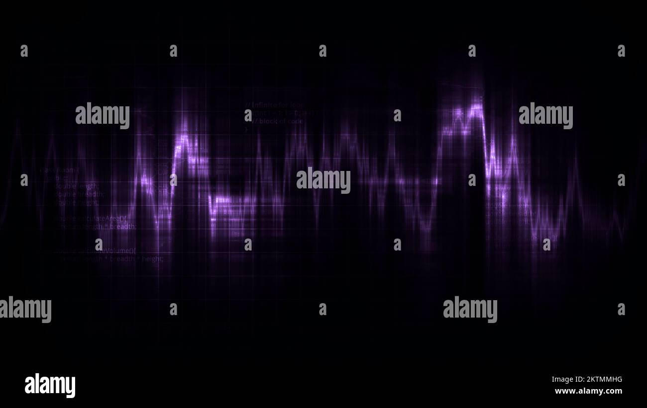 Audiowellen-Simulation, medizinische Forschung auf einem Computerbildschirm. Bewegung. Farbenfrohes pulsierendes Signal auf einem dunklen Bildschirm Stockfoto