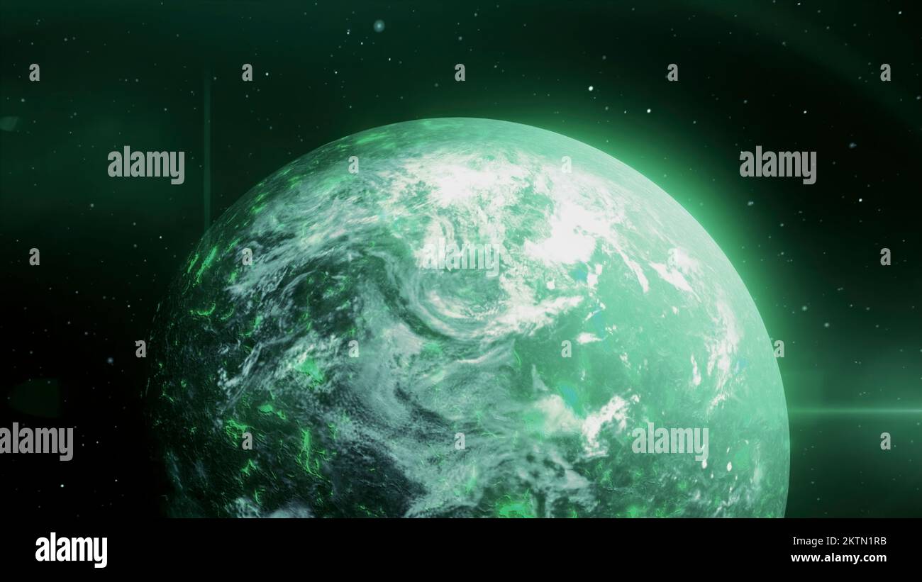 Leuchtender Planet im All. Bewegung. 3D Planet dreht sich im Weltraum mit farbigen Strahlen. Planet mit leuchtenden Farben auf dem Hintergrund des Sternenhimmels Stockfoto