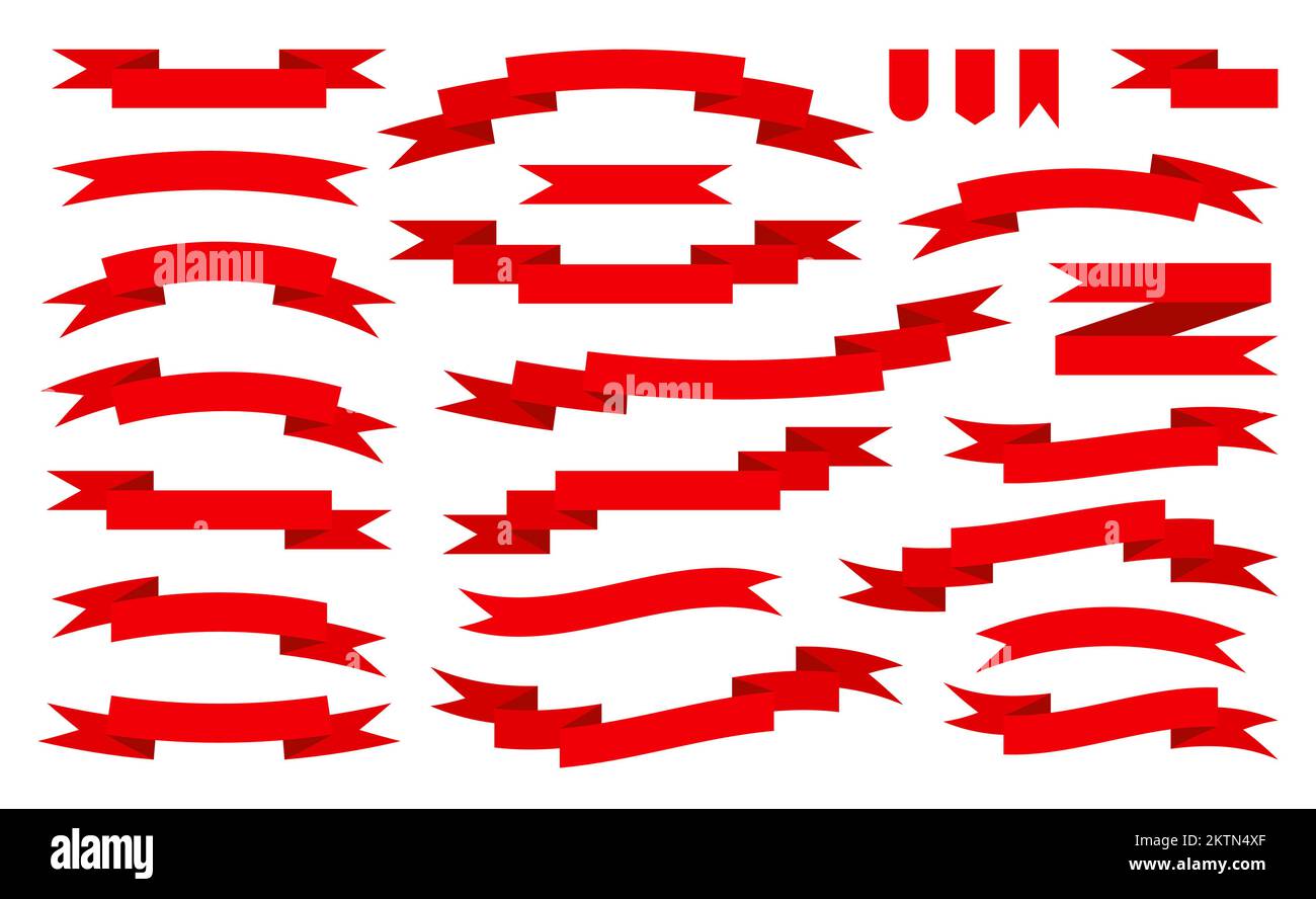 Rotes Band, flaches Set. Leeres Bandbanner für Werbeaktion, Verkaufstext, Überschrift, Titeldekoration, Abzeichen, Emblem, Rahmen. Gewellte Schriftbänder. Elegante Retro-Flagge, Hintergrund Streifen Stock Vektor