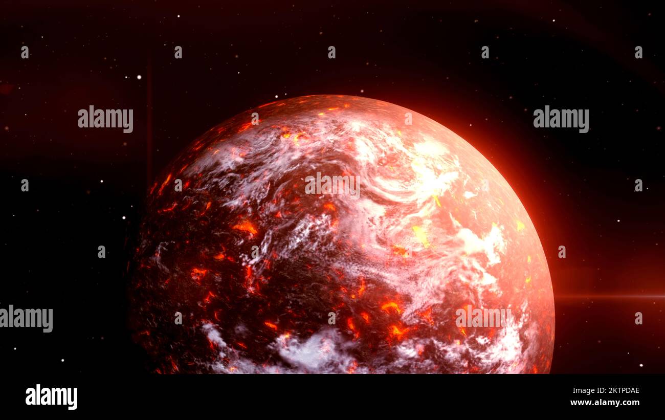 Unerforschter 3D-Planet im Weltraum. Bewegung. Planet dreht sich im All. Unbekannter gefährlicher oder leerer Planet im Weltraum. Katastrophe auf gefährlichem roten Planeten. Stockfoto