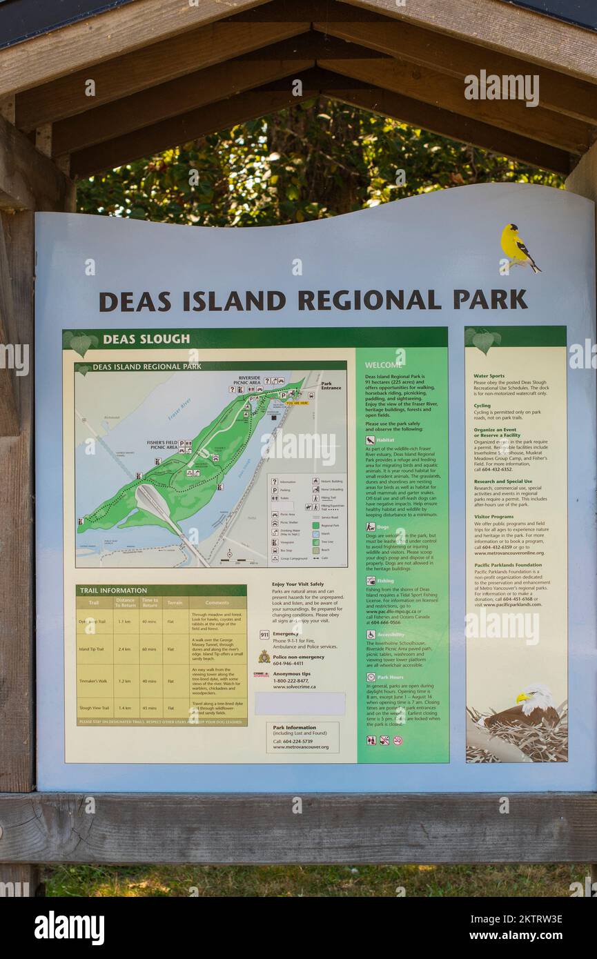 DEAS Island Regional Park-Schild in Delta, British Columbia, Kanada Stockfoto