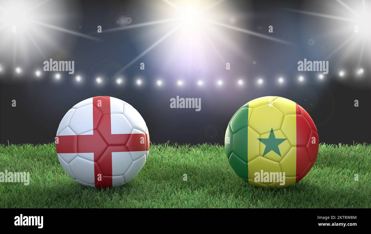 Zwei Fußballbälle in Flaggenfarben auf einem leuchtend verschwommenen Hintergrund. England gegen Senegal. 3D-Bild Stockfoto