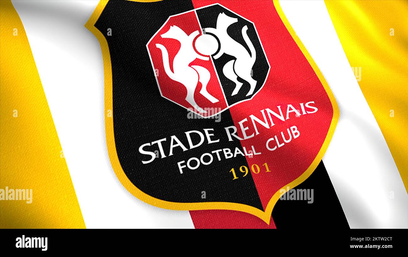 Ein leuchtendes Logo in der Animation des FC Stade Rennais. Motion.das Emblem des französischen Profifußballvereins aus der gleichnamigen Stadt. Nur verwenden Stockfoto