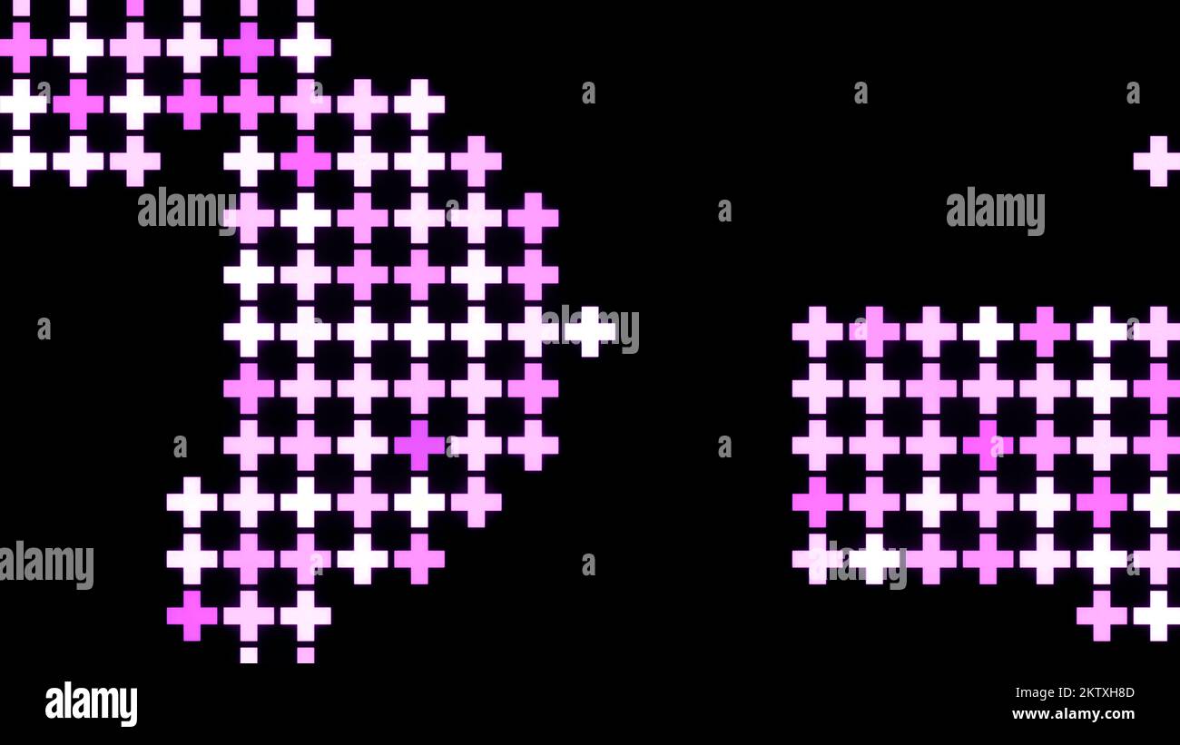 Abstraktes violettes Mosaikmuster auf schwarzem Hintergrund. Design. Sich bewegende kreuzförmige Kacheln bewegen sich zufällig bewegende Wolken Stockfoto