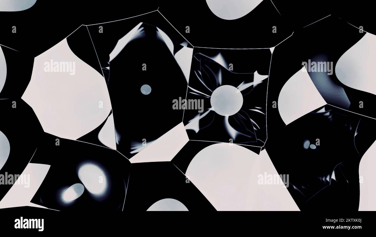 Abstrakte kaleidoskopische Bewegungsformen. Design. Schwarze und weiße Glasstücke mit sich bewegenden Flecken Reflexionen Stockfoto
