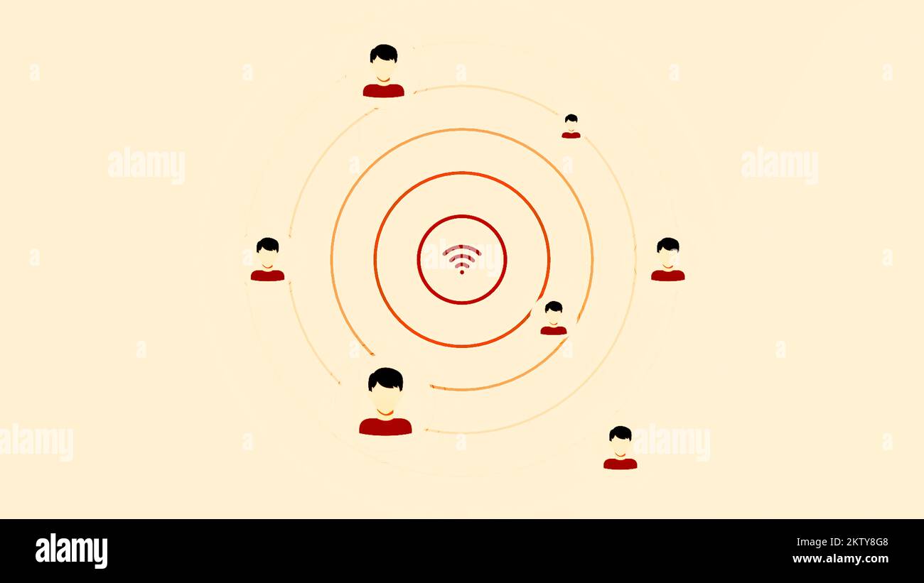 Abstraktes WLAN-Symbol, das Signale unter Ikonen von Menschen verbreitet. Bewegung. Internet- und Kommunikationskonzept Stockfoto