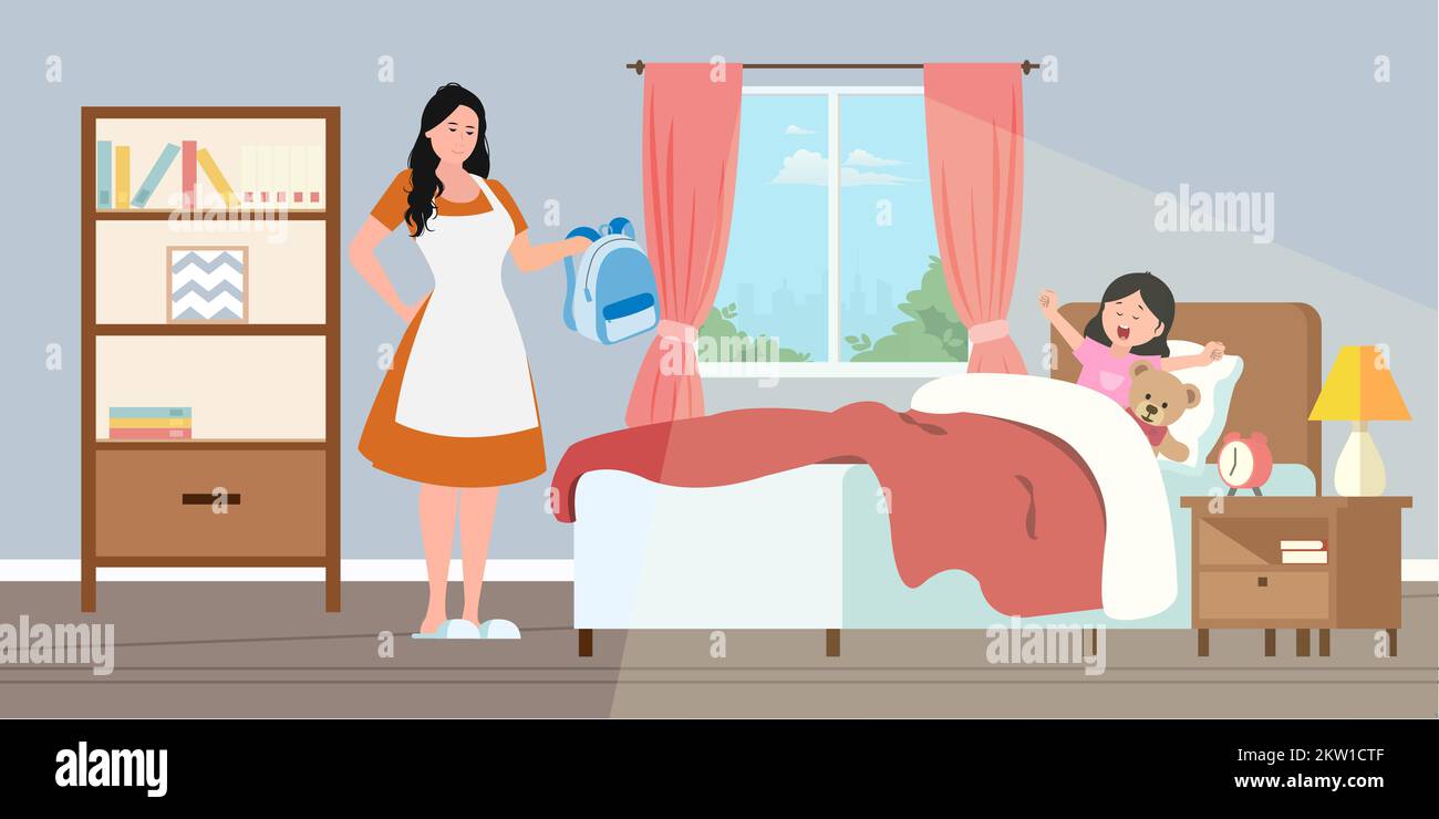Junge asiatische Mutter weckt Tochter im Schlafzimmer auf Stock Vektor