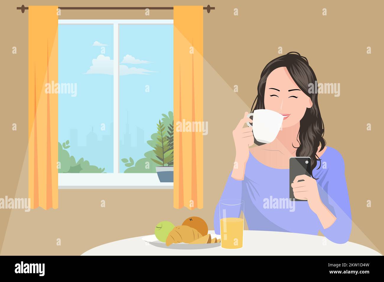 Junge Frau, die in der Küche sitzt und Kaffee trinkt, während sie frühstückt Stock Vektor