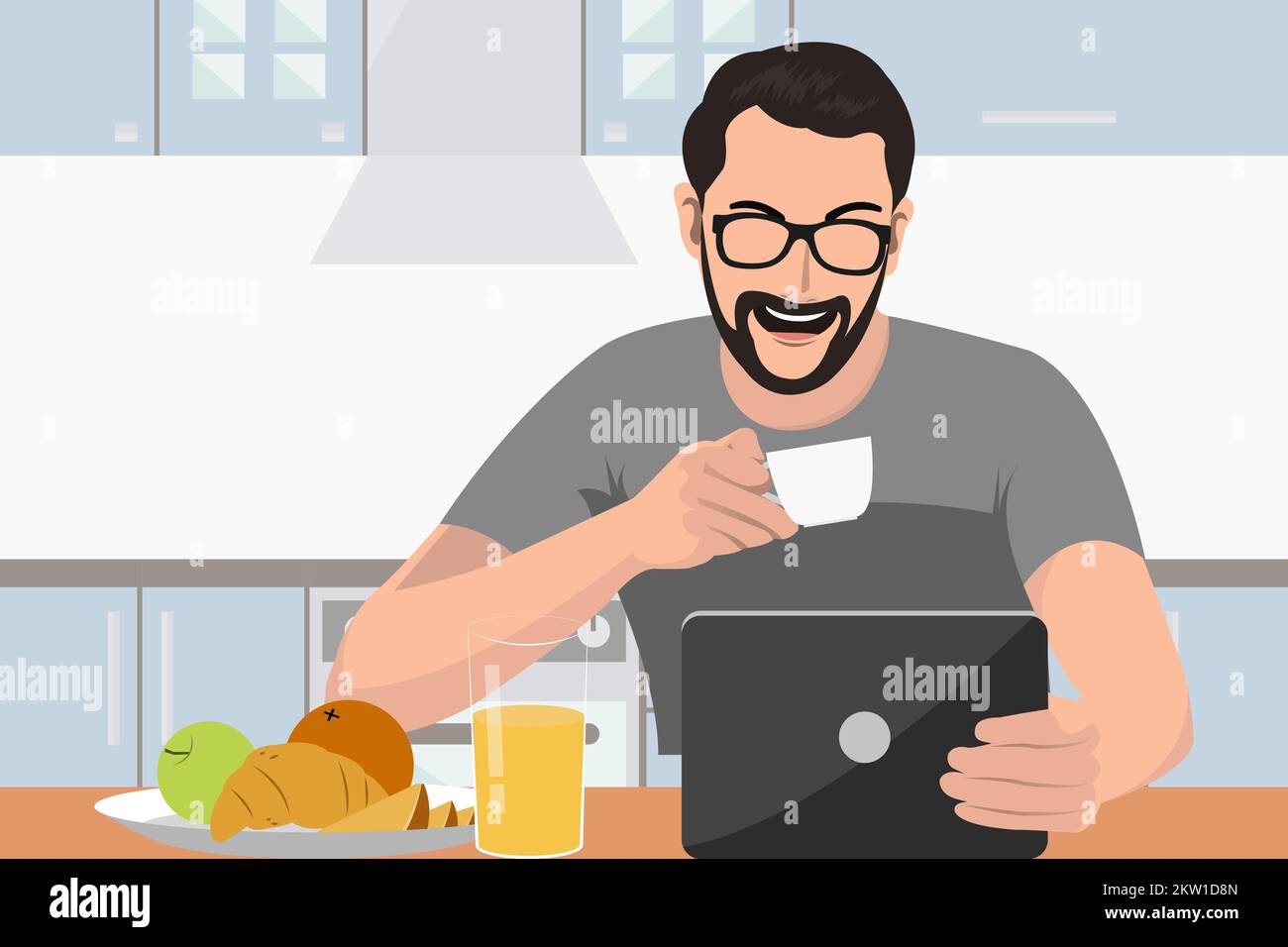 Junger Mann, der in der Küche sitzt und Kaffee trinkt, während er beim Frühstück auf ein digitales Tablet schaut Stock Vektor