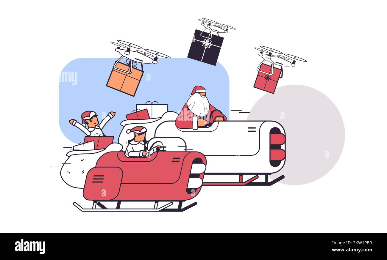Elfen mit weihnachtsmann fahren Schlitten Auto mit Geschenken fröhlich weihnachten frohes neues Jahr Winterferien Feier Stock Vektor