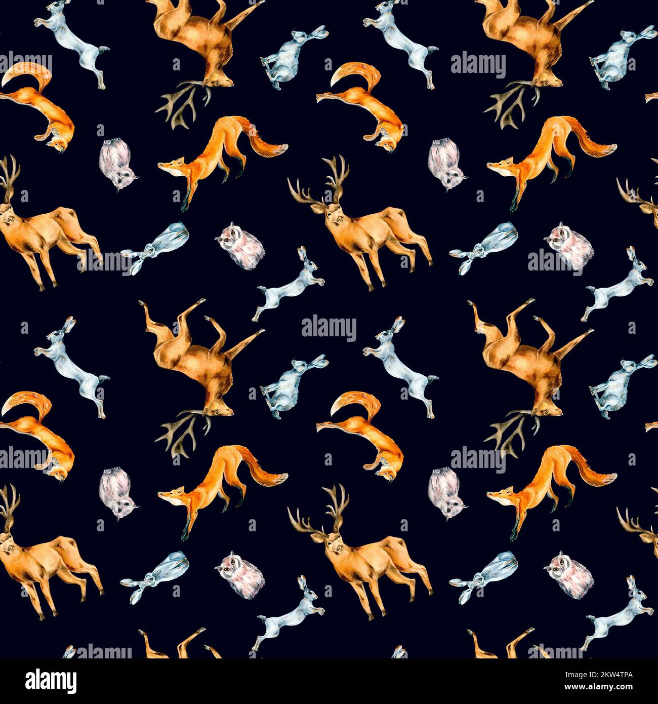 Wildtiere, Hasen, Fuchs, Eule, Hirsch Aquarell nahtlose Muster auf dunkel isoliert. Winter Walddruck, handgezeichnet von Wald. Design für Textil, Winter Stockfoto