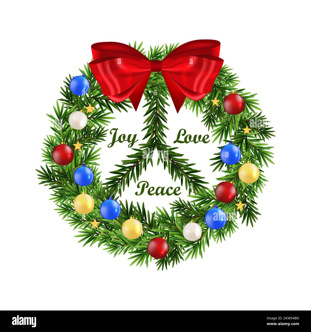 Weihnachtskranz mit bunten Ornamenten und einer Schleife in Form eines Friedenssymbols. Text: Joy, Love, Peace. (Freude, Liebe, Frieden) Stock Vektor