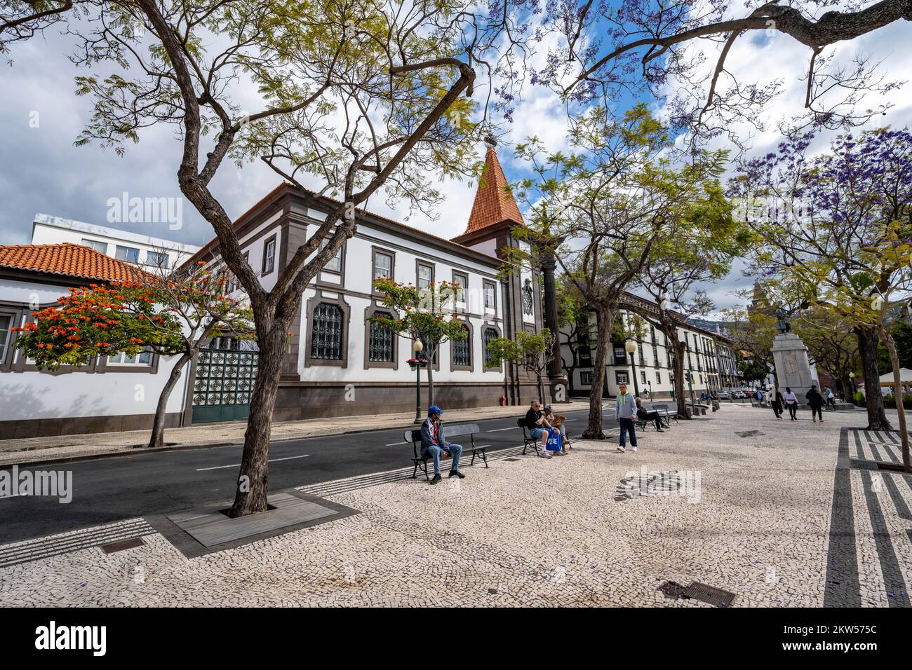 Promenade mit Banco de Portugal, Promenade, Kopfsteinpflasterstraße, Avenida Arriaga, Funchal, Madeira, Portugal, Europa Stockfoto