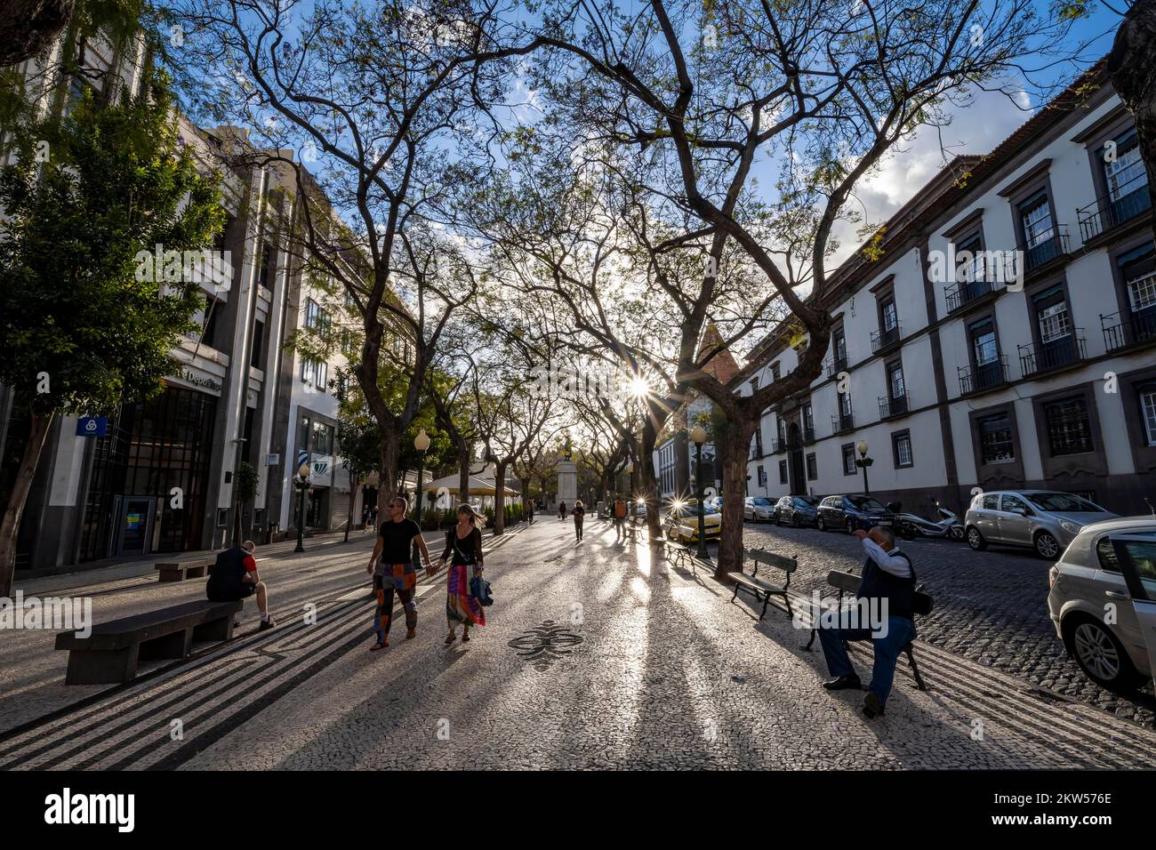 Promenade mit Bänken, Promenade, Kopfsteinpflasterstraße, Avenida Arriaga, Funchal, Madeira, Portugal, Europa Stockfoto