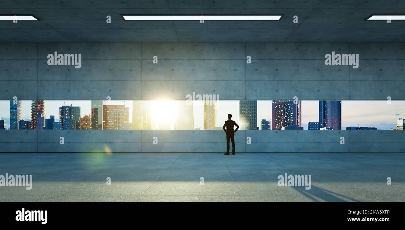 Junger Geschäftsmann, der auf dem Balkon steht und den Sonnenaufgang der modernen Stadt vor dem Fenster beobachtet, Geschäftsambitionierung. 3D-Rendering Stockfoto